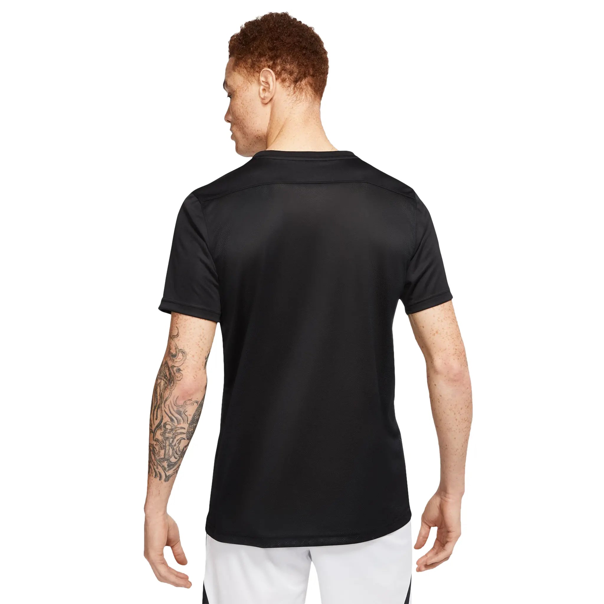 Model back view of Nike Dri-FIT Park VII SS Black White T Shirt BV6708-010